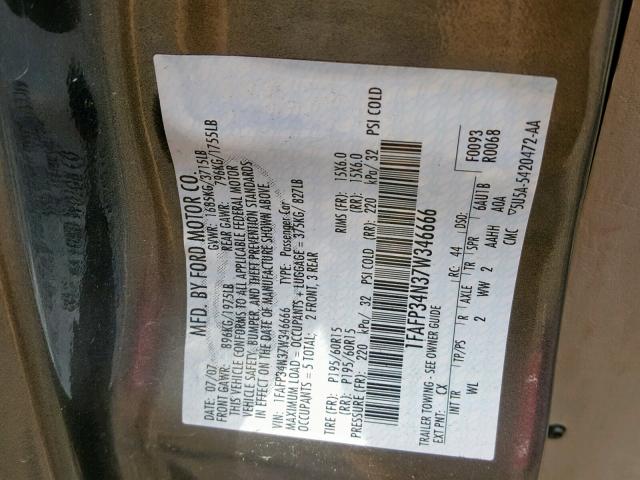 1FAFP34N37W346666 - 2007 FORD FOCUS ZX4 GRAY photo 10