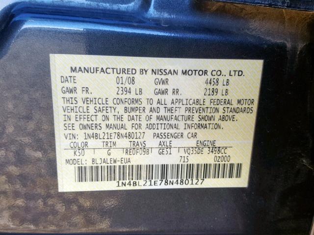 1N4BL21E78N480127 - 2008 NISSAN ALTIMA 3.5 CHARCOAL photo 10