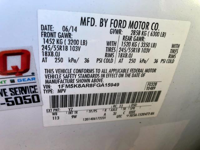 1FM5K8AR8FGA15949 - 2015 FORD EXPLORER P WHITE photo 10