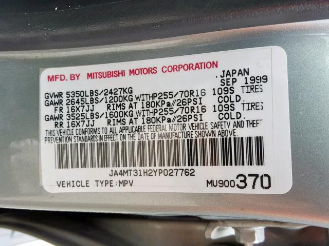 JA4MT31H2YP027762 - 2000 MITSUBISHI MONTERO SP GRAY photo 10