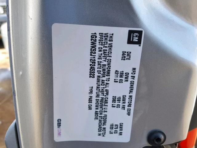 1G2WK52J12F245322 - 2002 PONTIAC GRAND PRIX GRAY photo 10