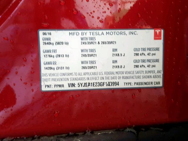 5YJSA1E23GF143994 - 2016 TESLA MODEL S RED photo 10