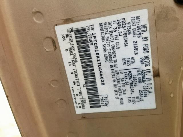 1FTCR10A1TUA46628 - 1996 FORD RANGER BEIGE photo 10