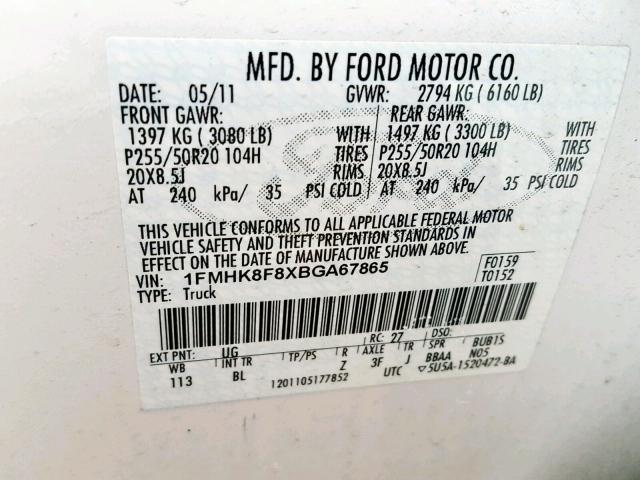 1FMHK8F8XBGA67865 - 2011 FORD EXPLORER L WHITE photo 10