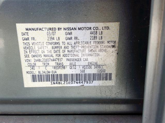 1N4BL21E07N447937 - 2007 NISSAN ALTIMA 3.5 GREEN photo 10