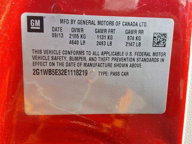 2G1WB5E32E1118219 - 2014 CHEVROLET IMPALA LIM RED photo 10