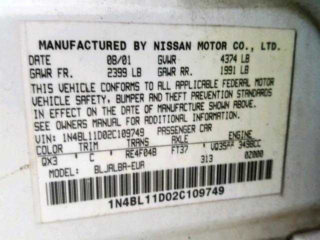 1N4BL11D02C109749 - 2002 NISSAN ALTIMA SE WHITE photo 10