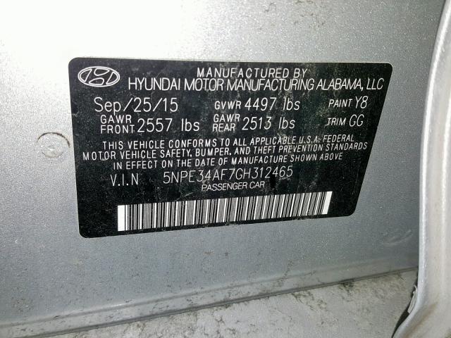 5NPE34AF7GH312465 - 2016 HYUNDAI SONATA SPO SILVER photo 10