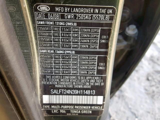 SALFT24N39H114813 - 2009 LAND ROVER LR2 HSE TE GREEN photo 10