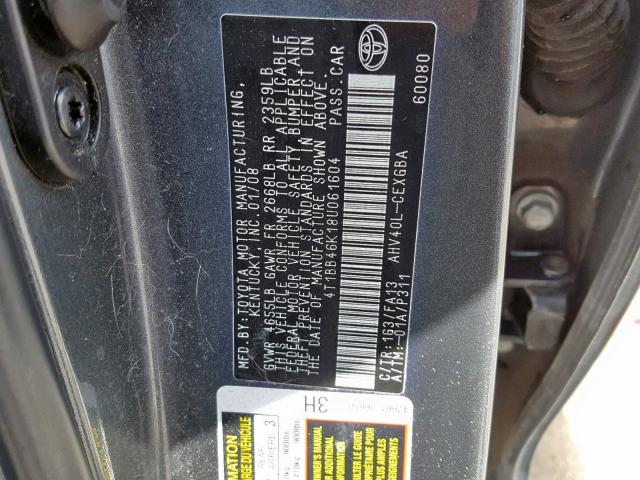 4T1BB46K18U061604 - 2008 TOYOTA CAMRY HYBR CHARCOAL photo 10