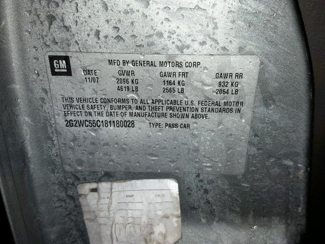 2G2WC55C181180028 - 2008 PONTIAC GRAND PRIX GRAY photo 10