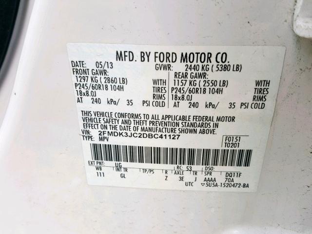 2FMDK3JC2DBC41127 - 2013 FORD EDGE SEL WHITE photo 10