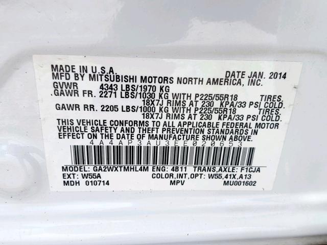 4A4AP3AU3EE020653 - 2014 MITSUBISHI OUTLANDER WHITE photo 10