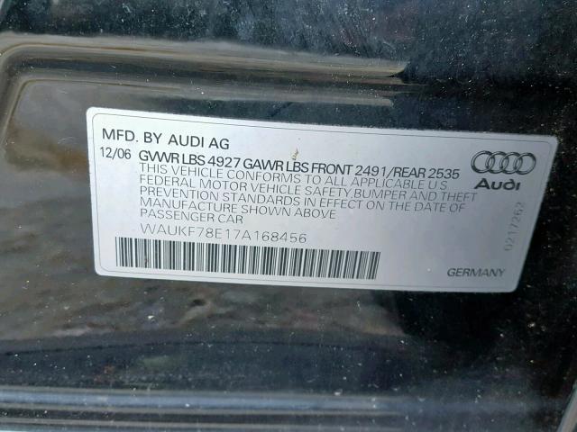 WAUKF78E17A168456 - 2007 AUDI A4 2.0T AV BLACK photo 10