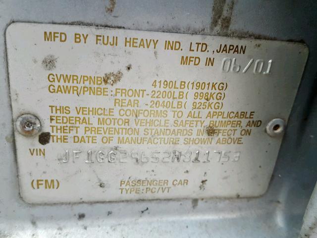 JF1GG29652H811753 - 2002 SUBARU IMPREZA WR SILVER photo 10