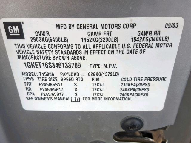 1GKET16S346133709 - 2004 GMC ENVOY XL SILVER photo 10