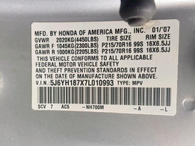 5J6YH187X7L010993 - 2007 HONDA ELEMENT EX GRAY photo 10