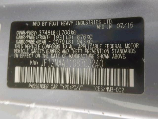 JF1ZNAA11G8702240 - 2016 TOYOTA SCION FR-S SILVER photo 10