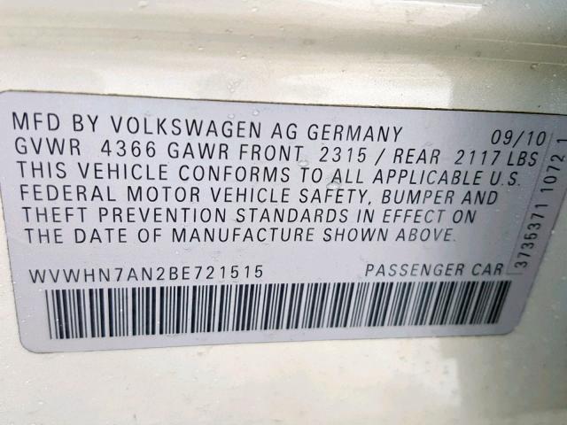 WVWHN7AN2BE721515 - 2011 VOLKSWAGEN CC LUXURY SILVER photo 10