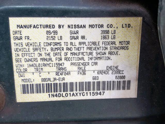 1N4DL01AXYC115947 - 2000 NISSAN ALTIMA XE GREEN photo 10