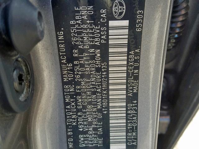 4T1BD1FK1HU214135 - 2017 TOYOTA CAMRY HYBR GRAY photo 10