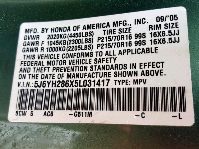 5J6YH286X5L031417 - 2005 HONDA ELEMENT EX GREEN photo 10