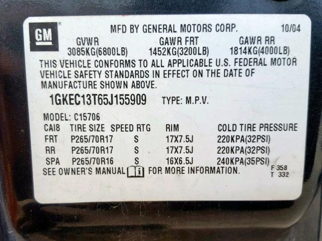 1GKEC13T65J155909 - 2005 GMC YUKON BLACK photo 10