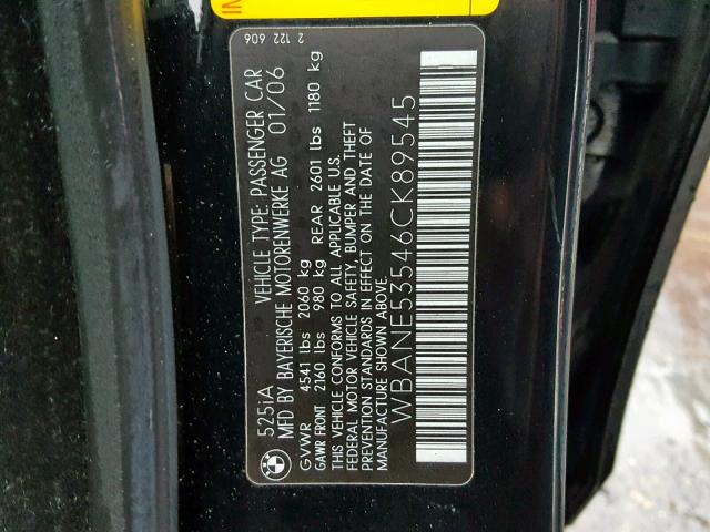 WBANE53546CK89545 - 2006 BMW 525 I BLACK photo 10