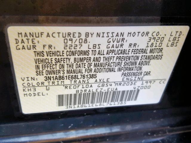 3N1AB61E68L761385 - 2008 NISSAN SENTRA 2.0 BLACK photo 10