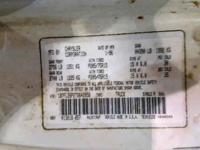 1B7FL26P2TS642858 - 1996 DODGE DAKOTA WHITE photo 10