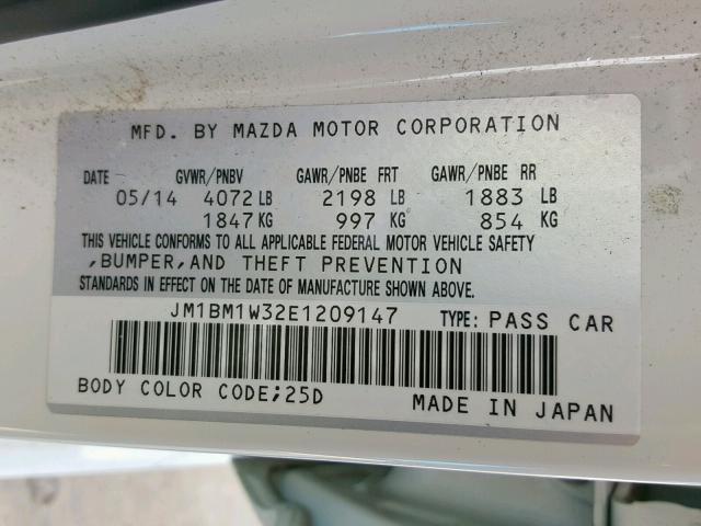 JM1BM1W32E1209147 - 2014 MAZDA 3 GRAND TO WHITE photo 10