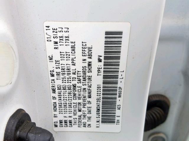 5J6RM3H72EL023391 - 2014 HONDA CR-V EXL WHITE photo 10