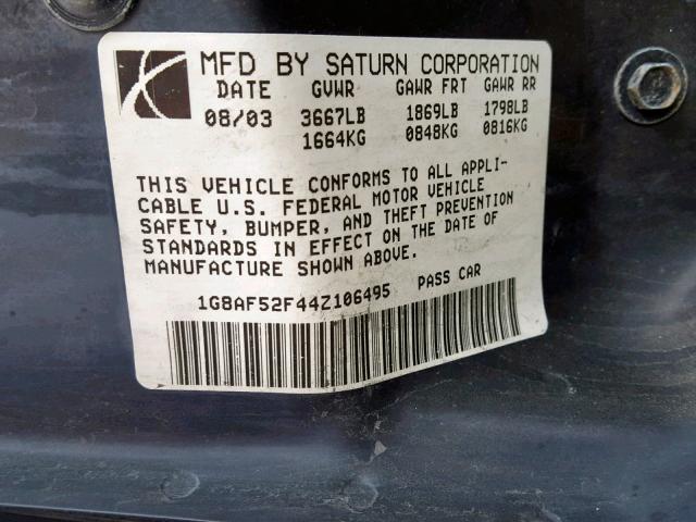 1G8AF52F44Z106495 - 2004 SATURN ION LEVEL BLACK photo 10