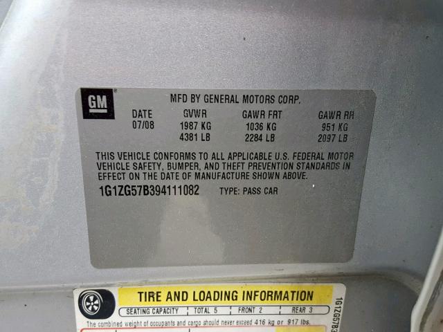1G1ZG57B394111082 - 2009 CHEVROLET MALIBU LS SILVER photo 10