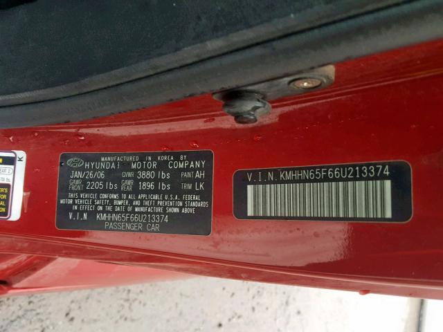 KMHHN65F66U213374 - 2006 HYUNDAI TIBURON GT RED photo 10