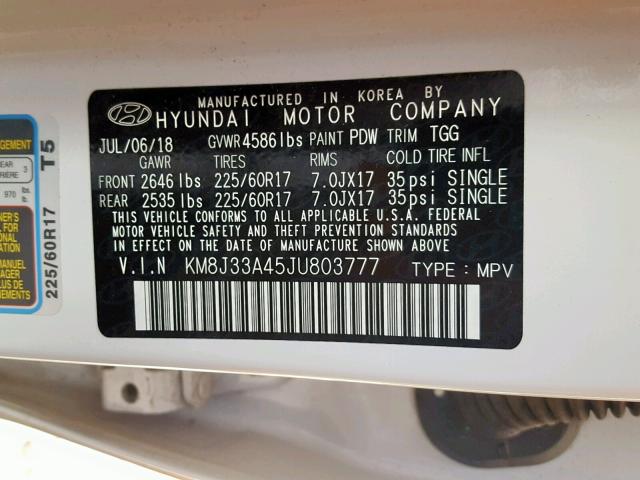 KM8J33A45JU803777 - 2018 HYUNDAI TUCSON SEL WHITE photo 10