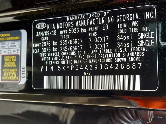 5XYPG4A39JG426887 - 2018 KIA SORENTO LX BLACK photo 10