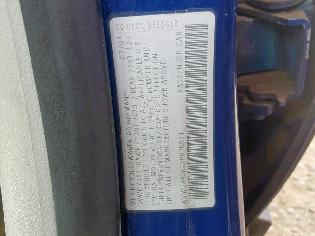 WVWTH63B72P075021 - 2002 VOLKSWAGEN PASSAT GLX 蓝色 照片 10