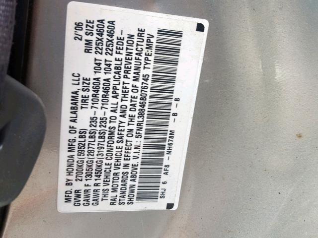 5FNRL38846B076745 - 2006 HONDA ODYSSEY TO SILVER photo 10