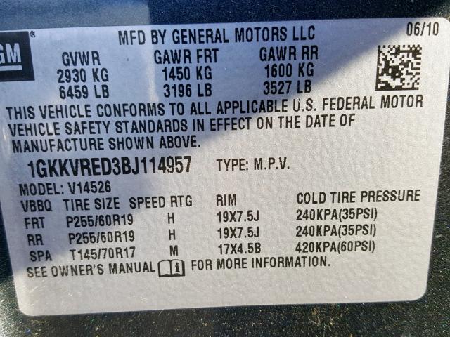 1GKKVRED3BJ114957 - 2011 GMC ACADIA SLT Gris photo 10