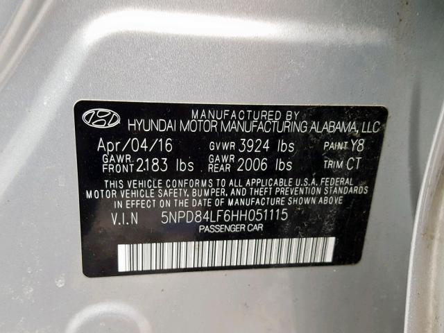 5NPD84LF6HH051115 - 2017 HYUNDAI ELANTRA SILVER photo 10