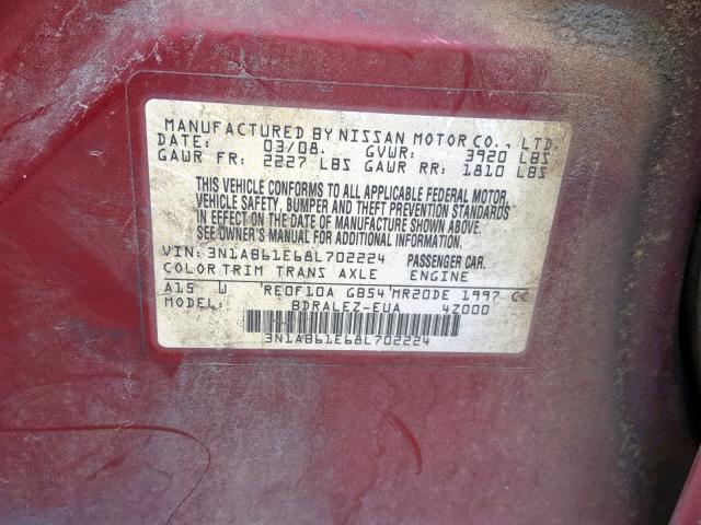 3N1AB61E68L702224 - 2008 NISSAN SENTRA 2.0 RED photo 10