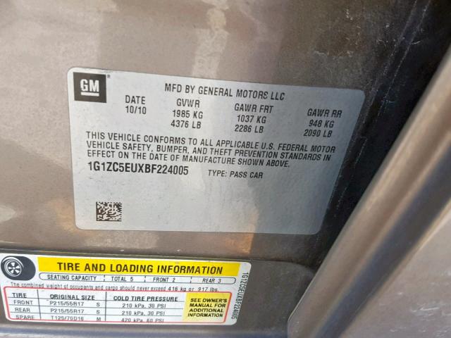 1G1ZC5EUXBF224005 - 2011 CHEVROLET MALIBU 1LT ნაცრისფერი ფოტო 10