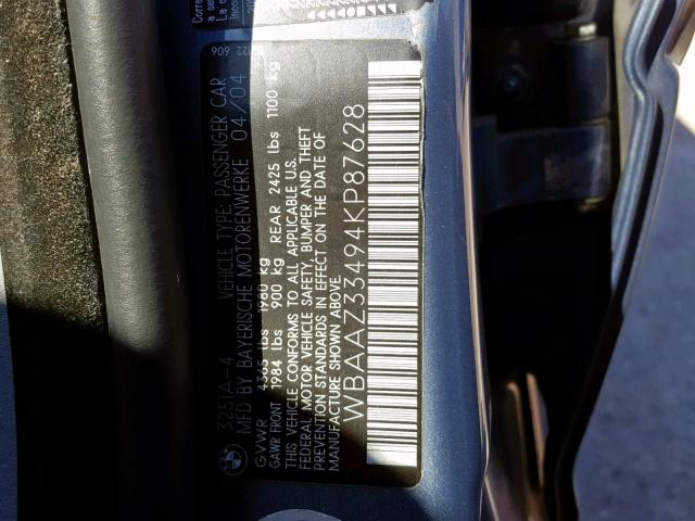 WBAAZ33494KP87628 - 2004 BMW 325 IS SUL BLUE photo 10