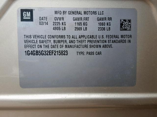 1G4GB5G32EF215823 - 2014 BUICK LACROSSE GOLD photo 10