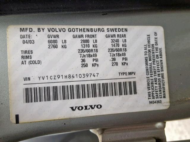 YV1CZ91H841039747 - 2004 VOLVO XC90 T6 SILVER photo 10