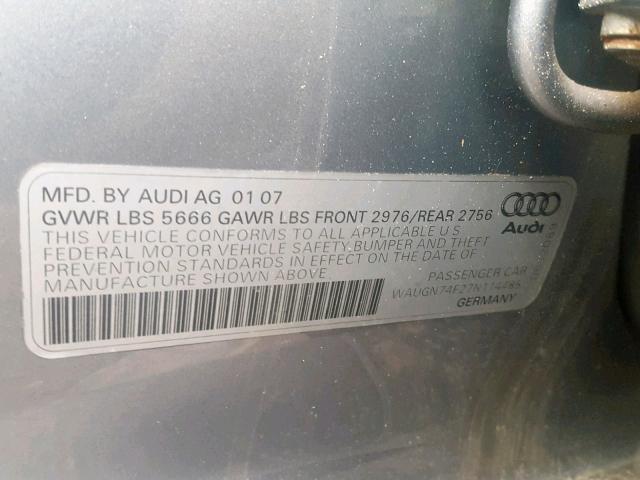 WAUGN74F27N114485 - 2007 AUDI S6 QUATTRO GRAY photo 10