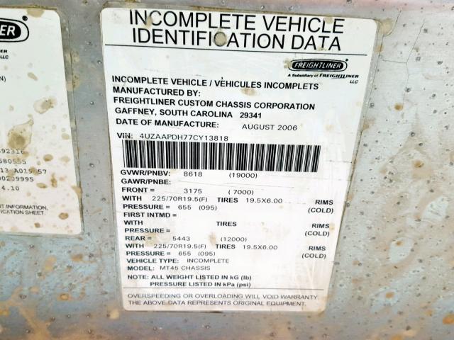 4UZAAPDH77CY13818 - 2007 FREIGHTLINER CHASSIS M WHITE photo 10