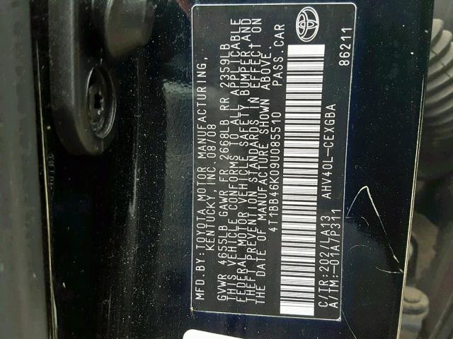 4T1BB46K09U085510 - 2009 TOYOTA CAMRY HYBR BLACK photo 10