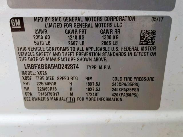 LRBFXBSA5HD242874 - 2017 BUICK ENVISION E WHITE photo 10